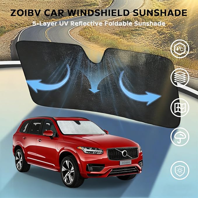 Car Windshield Sun Shade for 2016-2024 2025 2026 Volvo XC90, 5-Layer Bubble Foldable Thicken Front Window Sunshade Sun Visor Protection Accessories - Blocks Heat & UV Rays Keep Car Cooler