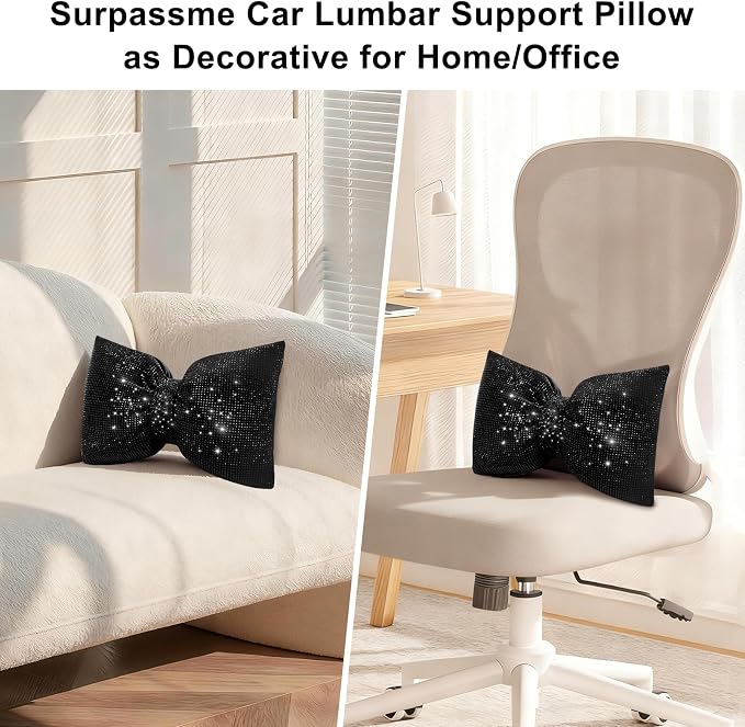 surpassme Rhinestone Lumbar Support Pillow for Car, Bling Back Support Pillow/Cushion Car Accessories for Women(Black)