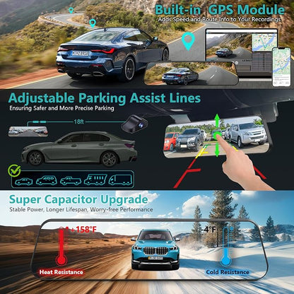 12'' 4K Rear View Mirror Camera,4K+2.5k Front and Rear Mirror Dash Cam,ADAS BSD LCA Smart Rearview Mirror for Cars,App WiFi,Night Vision, Parking Monitor, 64GB Card & GPS Digital View Mirror Dashcam