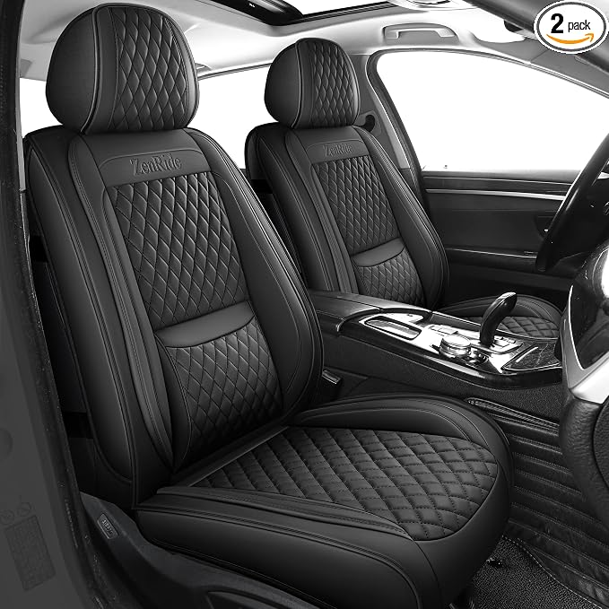 Front Car Seat Covers Set of 2,Universal Precision Fit 3D Contoured Automotive Nappa Leather Seat Covers for SUV Truck Sedan,Anti-Slip Seat Cover with Lumbar Support Style2 Black