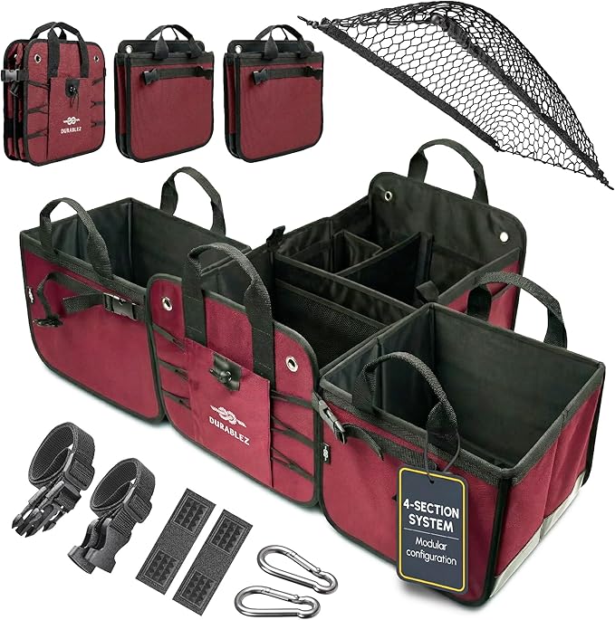 4-Section Trunk Organizer for SUV, Truck, Van, Sedan – Modular Extra Large Cargo Bin, Detachable Car Trunk Storage with Dividers, Collapsible Auto Organization System – Cherry