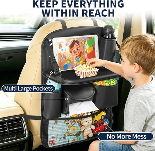 1 Pack Backseat Car Organizer with Foldable Tray Table, PU Leather Seat Back Organizer with Tablet Holder, Large Storage Pockets, Waterproof Kick Mat & Seat Back Protector for Cars, SUVs & Minivans