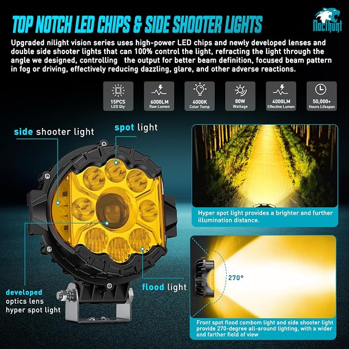 Nilight 7 Inch LED Offroad Driving Lights High Low Beam 2 PCS 80W Round Amber Light Side Shooter Spot Flood Fog Light Pod w/ 16 AWG DT Connector Wiring Harness Kit for Jeep Truck ATV UTV SUV