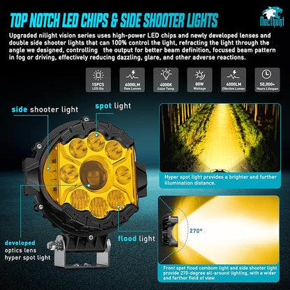 Nilight 7 Inch LED Offroad Driving Lights High Low Beam 2 PCS 80W Round Amber Light Side Shooter Spot Flood Fog Light Pod w/ 16 AWG DT Connector Wiring Harness Kit for Jeep Truck ATV UTV SUV
