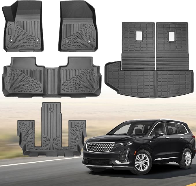 Floor Mats & Cargo Liner for 2020-2026 Cadillac XT6 6 Seats, All Weather TPE Floor Liners Custom Fit Cadillac XT6 Heavy Duty Car Mats 3 Row & Trunk with Backrest Mat Accessories Odorless Anti Slip
