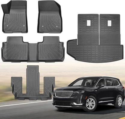 Floor Mats & Cargo Liner for 2020-2026 Cadillac XT6 6 Seats, All Weather TPE Floor Liners Custom Fit Cadillac XT6 Heavy Duty Car Mats 3 Row & Trunk with Backrest Mat Accessories Odorless Anti Slip