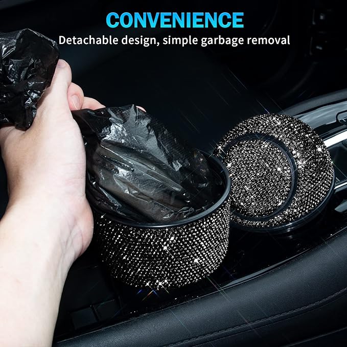eing Car Trash Can Bling Crystal Auto Mini Trash Bin for Car Office Home Women,Car Cup Holder Garbage Can with Lid and 5 Pack Disposable Garbage Gag, Black