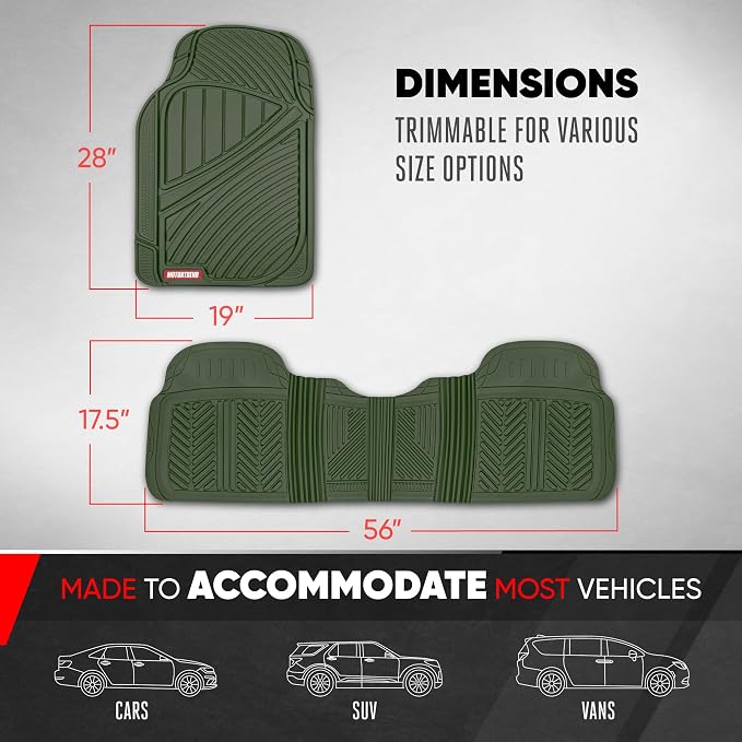 Motor Trend FlexTough Performance All Weather Rubber Car Floor Mats - 3 Piece Floor Mats Automotive Liners for Cars Truck SUV, Heavy-Duty Waterproof (Green)