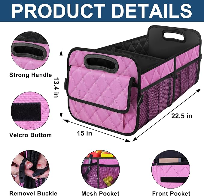 Deosk Car Trunk Organizer for SUV, Car Organizers and Storage with Reinforced Handles, Car Accessories for Women/Men 70L Waterproof Polyester Trunk Organizer(Large, Pink)