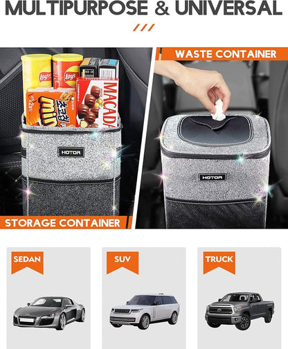 HOTOR Car Trash Can with Lid and Storage Pockets - 100% Leak-Proof Organizer, Waterproof Garbage Can, Multipurpose Trash Bin for Car, 2 Gallons, Sparkle White