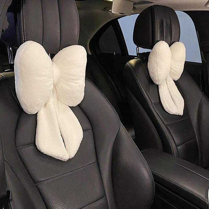 Car Neck Pillow 2PCS Plush Bowknot Car Headrest Pillow – Comfortable Neck Support for Driving Soft Touch Fabric Car Pillow Cute Interior Decor (White Set 4 Pcs)
