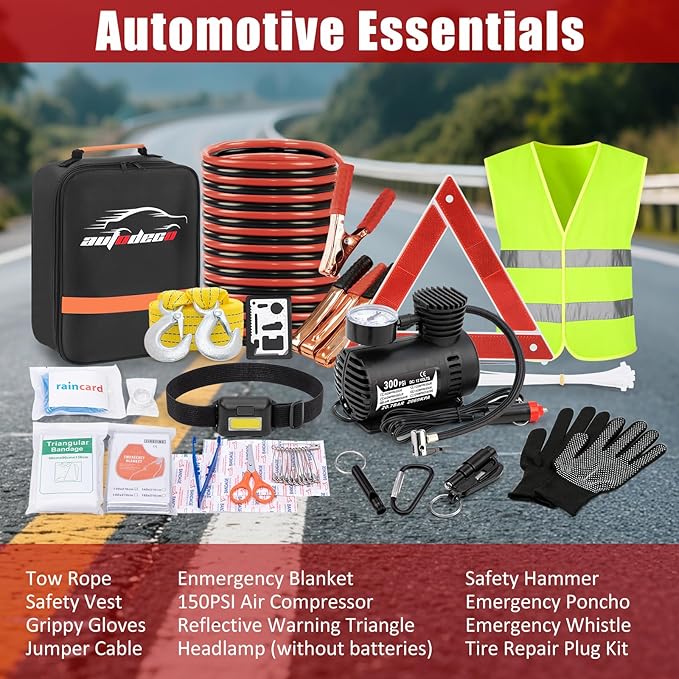 Car Roadside Emergency Kit, Car Safety Kit Portable Vehicle Kits for Emergency with Jumper Cables, Tow Straps, Safety Hammer, Black