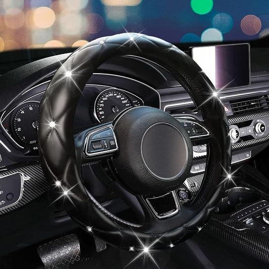 SuperKaKa Black Steering Wheel Cover 2026, Auto Cute Girly Diamond Bling Comfort Leather Car Interior Accessories Protector Sparkly Automotive Decoration for Women Men