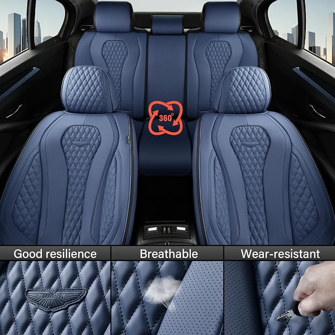 Coverado Seat Covers, Blue Car Seat Covers Full Set, Auto Seat Cover, Car Seat Covers Front Seats Back Seat Cover, Waterproof Car Seat Cushion, Driver Seat Protector Universal Fit Most Cars