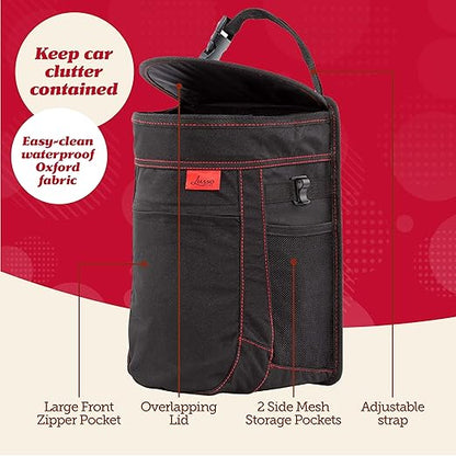 Lusso Gear Spill-Proof Car Trash Can (2 Pack) - Easy to Clean Hanging Garbage Bin - Leak-Proof, Removable Liner, Waterproof - Keeps Truck, SUV, Car, Minivan Clean & Odor Free (Black, Red Stitching)