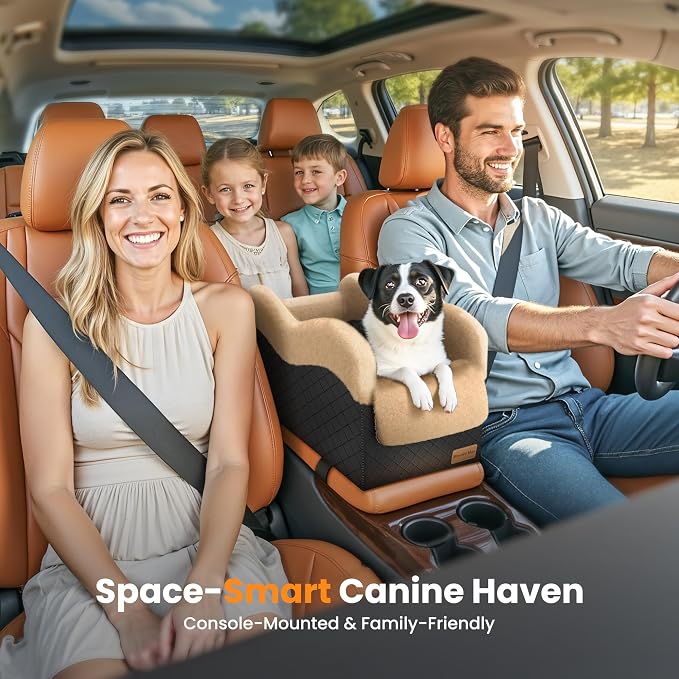 Portable Small Dog Seat for Car, Luxury Center Console Dog Car Seat Booster with Safety Tethers, Anti-Collapse Pet Travel Carseat for SUV, Truck (Black/Brown)