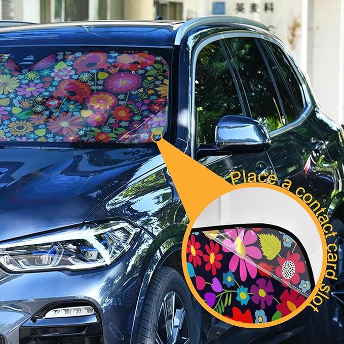 Sunflower Daisy Poppy Flower Floral Windshield Sun Shade,Foldable Car Sun Shade for Front Windshield Sunshades Protector Blocks UV Rays Sun Visor Protect and Cool Your Vehicle Interior
