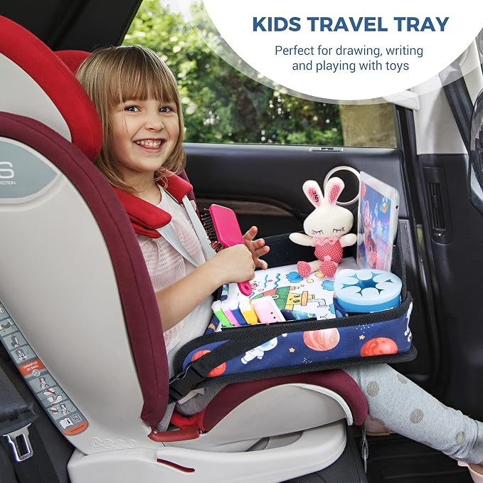 COOLBEBE Kids Travel Tray for Toddler Car Seat, Travel Tray for Airplane, Lap Tray with Storage, Portable Carseat Table Tray for Kids, Blue Space