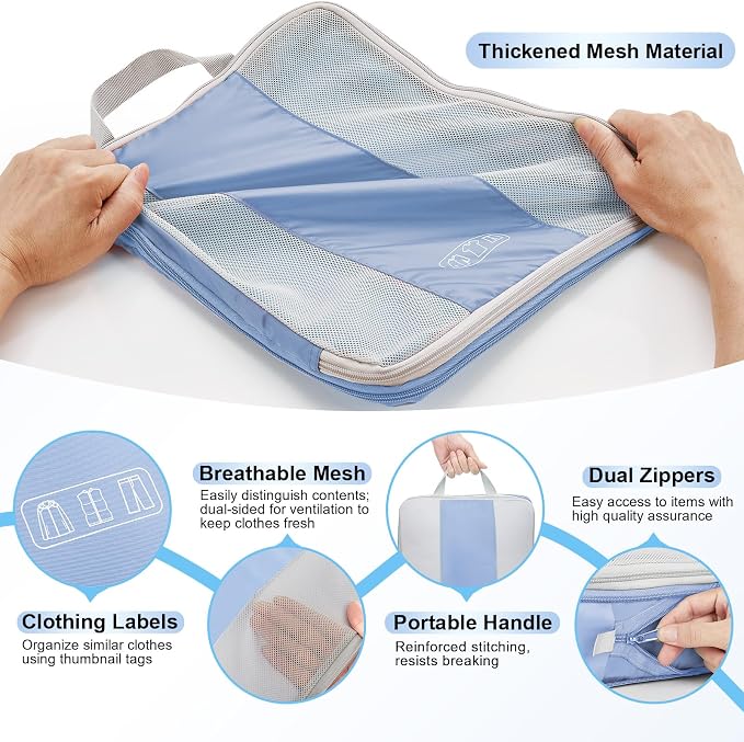 OlarHike 10-Pack Compression Packing Cubes for Travel Essentials,Compressible Expandable Packing Cubes for Suitcase,Luggage Garment Bags for Travel,Handy Helper for Organizing Clothes(Light Blue)