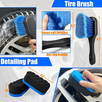 Wheel Brush Kit, Soft Drill Wheel Cleaner Brush, Tire Brush, Detailing Brush, and Detailing Pads, No Scratches Car Wheel Cleaning Kit for Wheels, Tire, Rims, Engines, Exhaust(Blue + White 9 Pk)