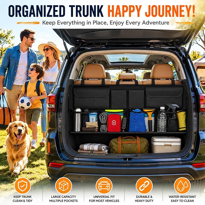 Car Trunk Organizer, Large Capacity Backseat Trunk Storage Organizer with 8 Pockets, Foldable SUV Cargo Organizer for SUV, Truck, Van & MPV, Black