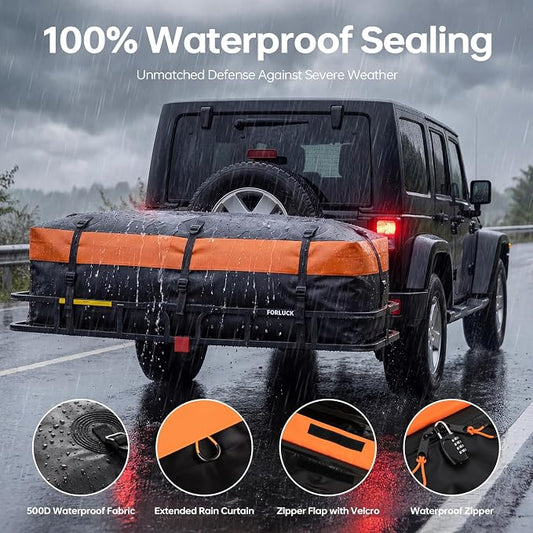 Forluck Waterproof Hitch Mount Cargo Carrier Bag, 15 Cubic Feet Soft Shell Travel Storage Bag (58"x19"x24"), Heavy Duty PVC with 8 Reinforced Straps, Combination Lock & Storage Bag for Truck SUV RV