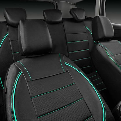 CAR PASS Universal FIT Piping Leather Car Seat Cover, for suvs,Van,Trucks,Airbag Compatible,Inside Zipper Design and Reserved Opening Holes (Full Set, Black and Mint)