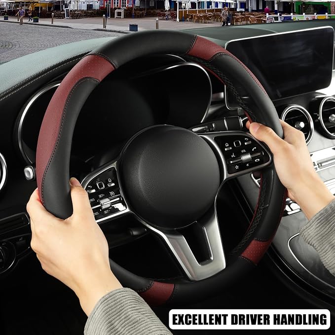 Microfiber Leather Steering Wheel Cover, Breathable, Anti Slip, 13.5 inch to 14 inch, Black with Burgundy
