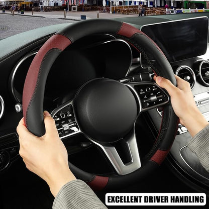 Microfiber Leather Steering Wheel Cover, Breathable, Anti Slip, 13.5 inch to 14 inch, Black with Burgundy