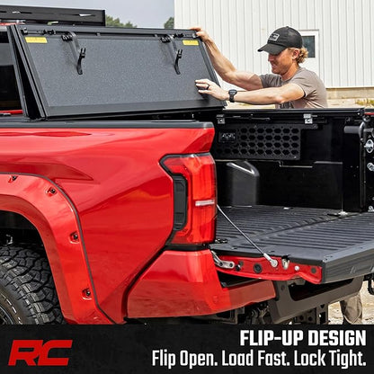 Rough Country Hard Tri-Fold Flip Up Tonneau Cover for Toyota Tacoma (2024-2026) - Flush Aluminum Bed Cover, Fits 5' Bed w/Utility Rail System