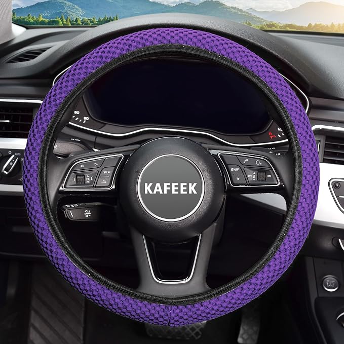 KAFEEK Elastic Stretch Steering Wheel Cover 15 Inch, Breathable Ice Silk Microfiber, Non-Slip Grip, Warm in Winter and Cool in Summer, Odorless, Car Accessories Fit Cars, SUVs, Purple
