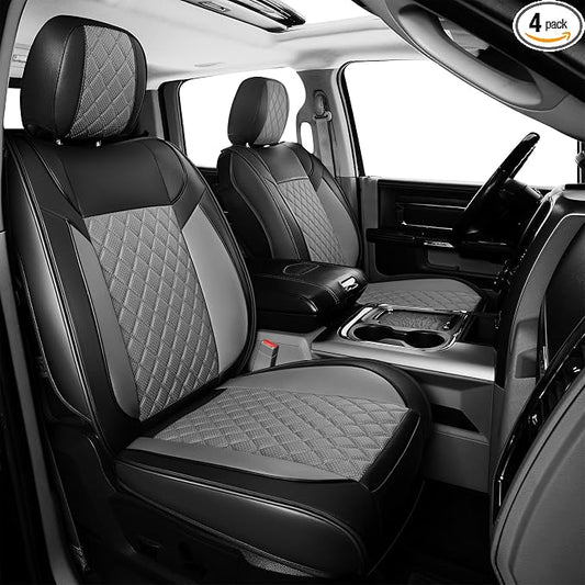 FREESOO Car Seat Covers Full Set for Dodge Ram 2002-2018 1500 & 2011-2026 2500 3500 Crew Quad Cab, 2019-2024 Ram 1500 Classic Leather Seat Cover, with Curved Bench, Black Grey