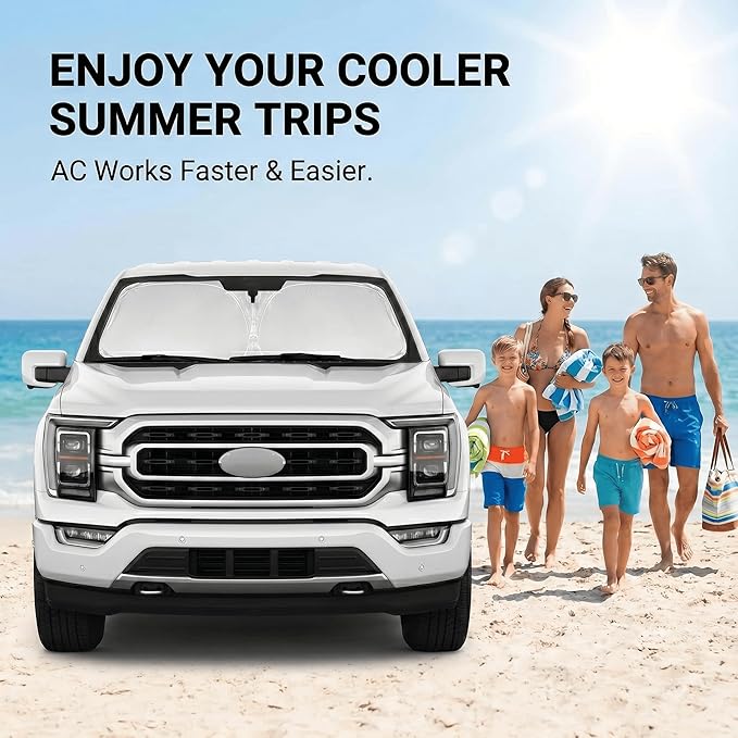 Windshield Sun Shade for Ford F150 2015-2024 2025 2026 Front Window Shade Custom Fit F-150 F150 F250 F350 F450 Accessories Sun Visor Foldable Shade Blocks UV Rays Summer Must Have Car Accessories
