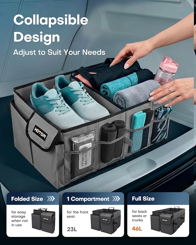 HOTOR Trunk Organizer for Car - Car Organizer, Foldable Trunk organizer for SUVs & Sedans, Sturdy Organization for Car Accessories, Tools, Sundries, Grey, 2 Compartments, 23.6"×14.2"×10.6"