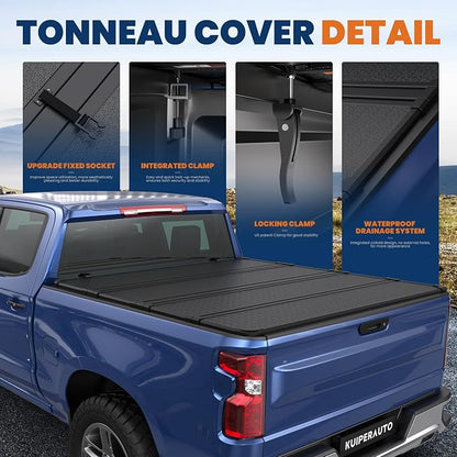 KUIPERAUTO Hard Folding Quad 4-Fold Tonneau Cover Compatible with 2025 2026 Chevy Silverado GMC Sierra 1500/2019-2026 Chevy Silverado GMC Sierra 1500 (ONLY New Body) Fleetside 5.8FT Truck Bed Cover