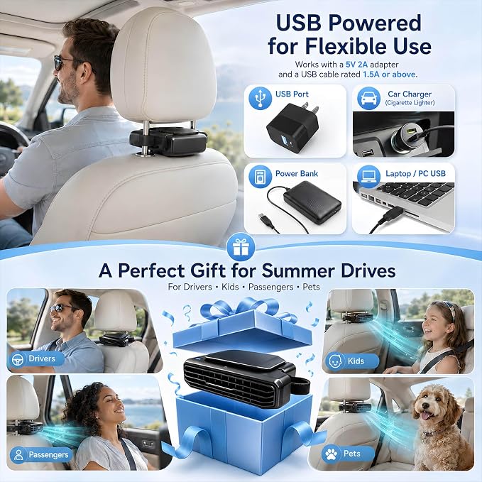 2026 New 5 Speed Car Seat Fan for Baby Rear Facing, Ultra-Quiet Portable Car Fans for Backseat For Kids, Portable Car Ac Fan with Fragrance Cooling for Almost Vehicle Jeep Van Rv Truck 1 PCS