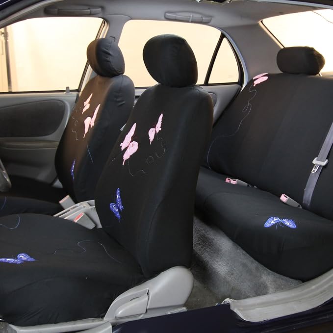 FH Group Car Seat Covers Butterfly Embroidered Seat Covers Front Set with Gift - Universal Fit for Cars, Trucks & SUVs (Black) FB055115