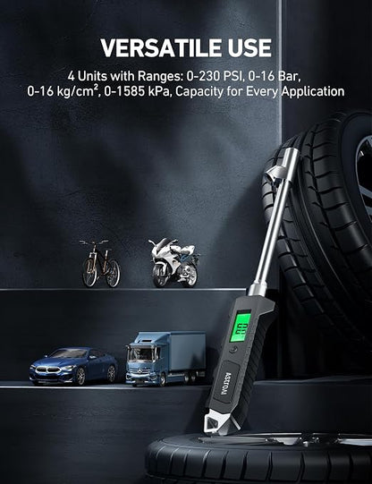 AstroAI Heavy Duty Digital Tire Pressure Gauge 0-230 PSI Calibrated to ANSI B40.7 Grade 2A (0.5%) with Backlit LCD & Flashlight, Stainless Steel for Truck RV Car Motorcycle Bike