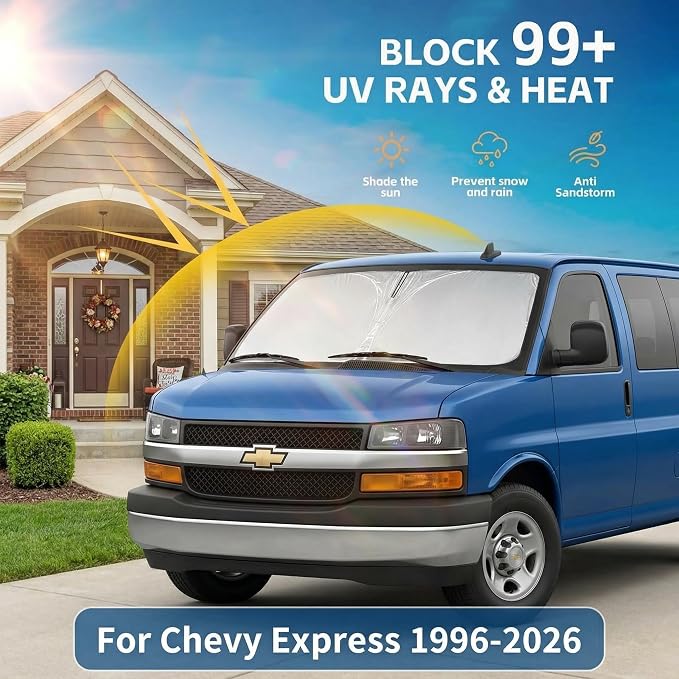 Windshield Sun Shade for Chevy/Chevrolet Express 1996-2024 2025 2026 Sunshade Front Window Shade Custom Fit Express Accessories Sun Visor Foldable Shade Blocks UV Rays Accessories