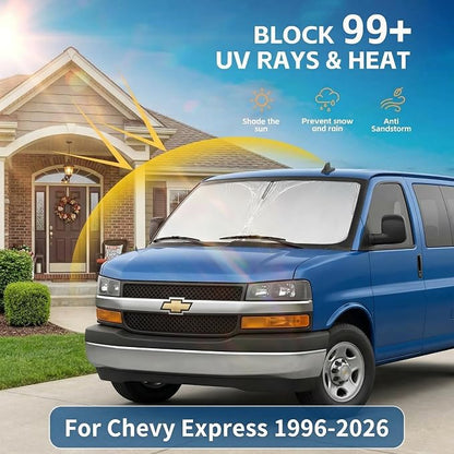 Windshield Sun Shade for Chevy/Chevrolet Express 1996-2024 2025 2026 Sunshade Front Window Shade Custom Fit Express Accessories Sun Visor Foldable Shade Blocks UV Rays Accessories