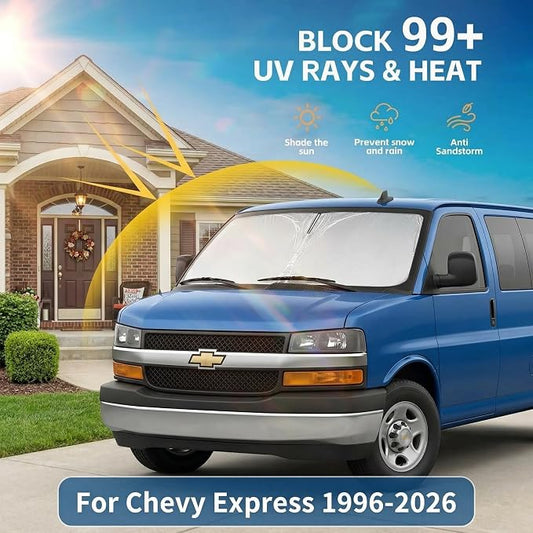 Windshield Sun Shade for Chevy/Chevrolet Express 1996-2024 2025 2026 Sunshade Front Window Shade Custom Fit Express Accessories Sun Visor Foldable Shade Blocks UV Rays Accessories