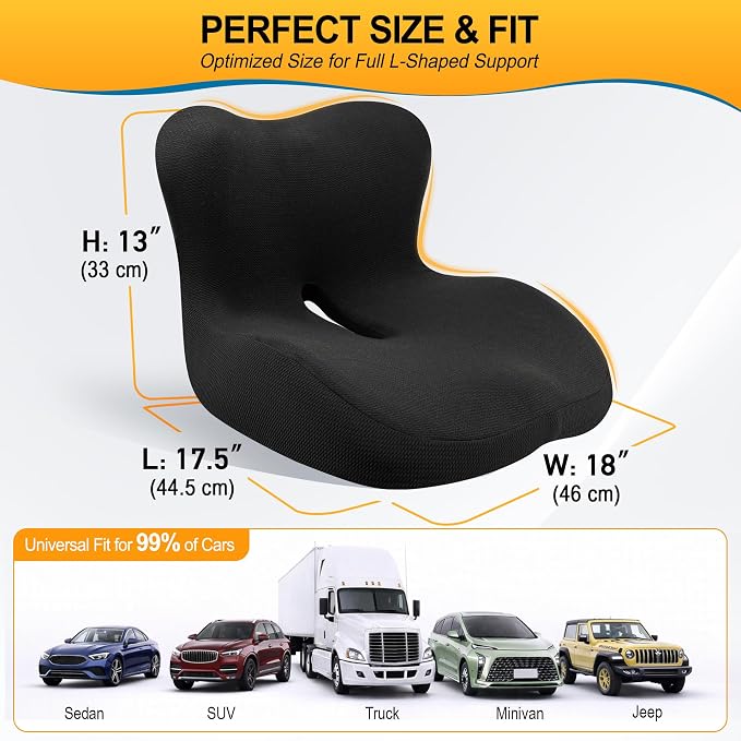 Allaboutsla Memory Foam Car Seat Cushion with Lumbar Support, L-Shaped Ergonomic Design for Long Driving, Pressure-Relief Comfort for Car, SUV, Semi Truck & Office Chair- Black