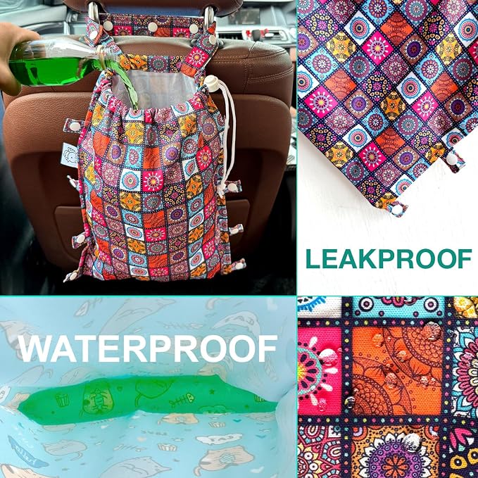 Leak-Proof Waterproof Car Trash Bag Foldable Multipurpose Trash bin Container Storage Cute Grocery Organizer Bag for Automotive Front or Back Seat in Cars SUVs and Trucks (Batik)