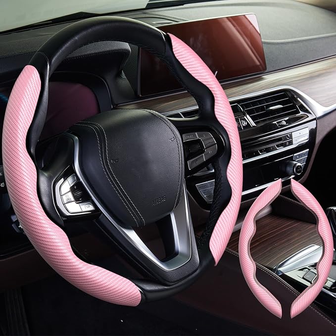 WOCOCN 2pcs Car Steering Wheel Cover,Anti-Skid Carbon Fiber Steering Wheel Protector for Men Women,Multiple Color Options,Universal for Most Car Interiors Accessories (Pink)