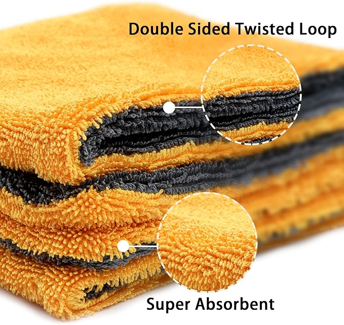 LIVOS 1000GSM Car Drying Towel, 18" x 24" Dual Sided Microfiber Towels for Cars, Ultra Absorbent Lint & Scratch-Free, Edgeless Twisted-Loop, Premium Wash Towel, Yellow&Grey