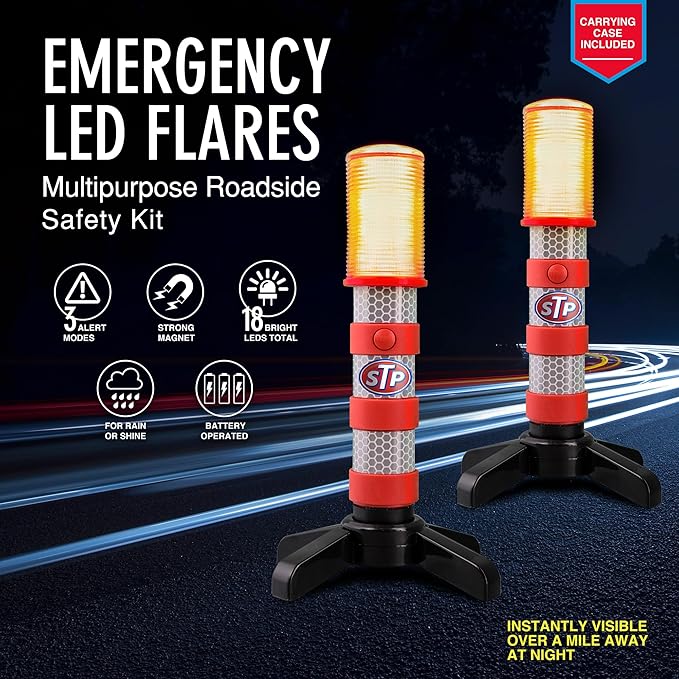 STP Emergency LED Road Flares with Jumper Cables for Car & Reflective Vest Kit Roadside Safety Kit, 3 Lighting Modes, Visible a Mile Away, 12-Foot 8-Guage Heavy Duty Jumper Cables, Vehicle Safety Kit