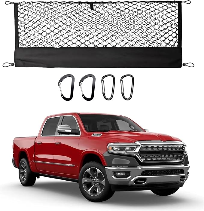 Truck Bed Cargo Net for Dodge Ram 1500 2019-2024 2025, Envelope Style Pickup Cargo Net with Storage Bag, Heavy Duty Elastic Mesh Organizer with Carabiners, Secures Groceries & Gear