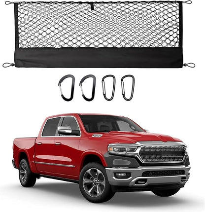 Truck Bed Cargo Net for Dodge Ram 1500 2019-2024 2025, Envelope Style Pickup Cargo Net with Storage Bag, Heavy Duty Elastic Mesh Organizer with Carabiners, Secures Groceries & Gear