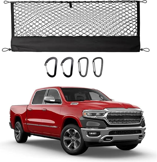 Truck Bed Cargo Net for Dodge Ram 1500 2019-2024 2025, Envelope Style Pickup Cargo Net with Storage Bag, Heavy Duty Elastic Mesh Organizer with Carabiners, Secures Groceries & Gear