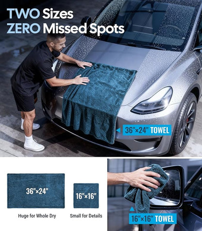 Wigoo Premium Microfiber Car Drying Towel 1300GSM, 2-Size Set[36"×24"+16"×16" Ultra-Absorbent, No Streaks & Scratches] Dual-Sided Edgeless Wash Towels with Twisted Loop, for Cars Detailing, SUV, Truck